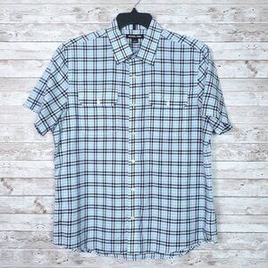 Michael Kors Mens Button Up Shirt L Short Sleeve Blue Plaid 147A